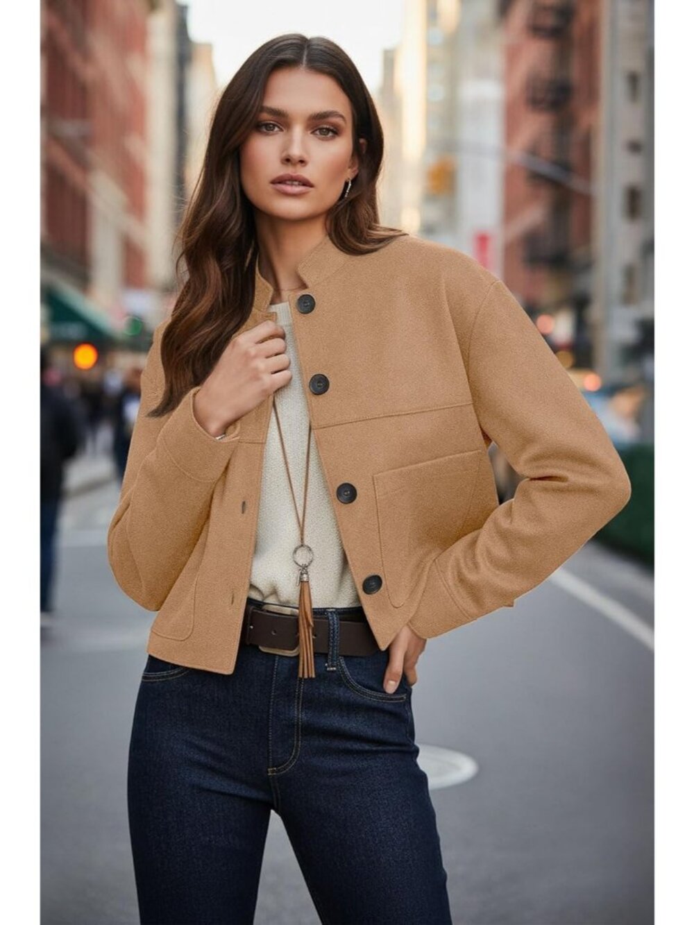 Women's Khaki Chic Faux Suede Oversized Button-Down Cropped Motorcycle Jacket - Picture 2 of 5